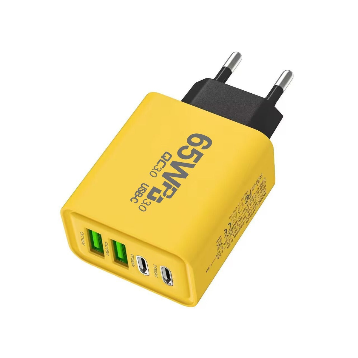 Incarcator Retea Fast Charge 65W, Alimentator Quick Charge 3.0 si Power Delivery, 4 Porturi USB-C si USB-A, Universal, Galben