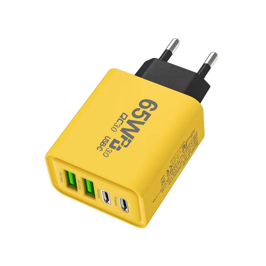 Incarcator Retea Fast Charge 65W, Alimentator Quick Charge 3.0 si Power Delivery, 4 Porturi USB-C si USB-A, Universal, Galben