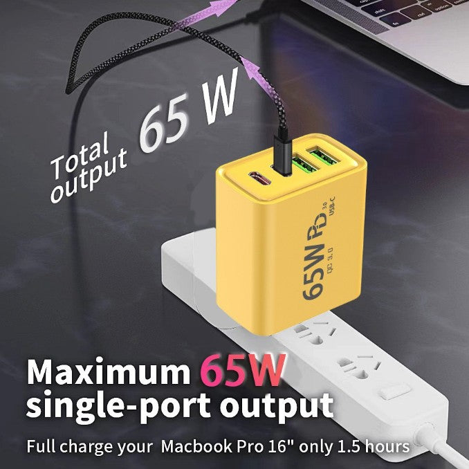 Incarcator Retea Fast Charge 65W, Alimentator Quick Charge 3.0 si Power Delivery, 4 Porturi USB-C si USB-A, Universal, Galben