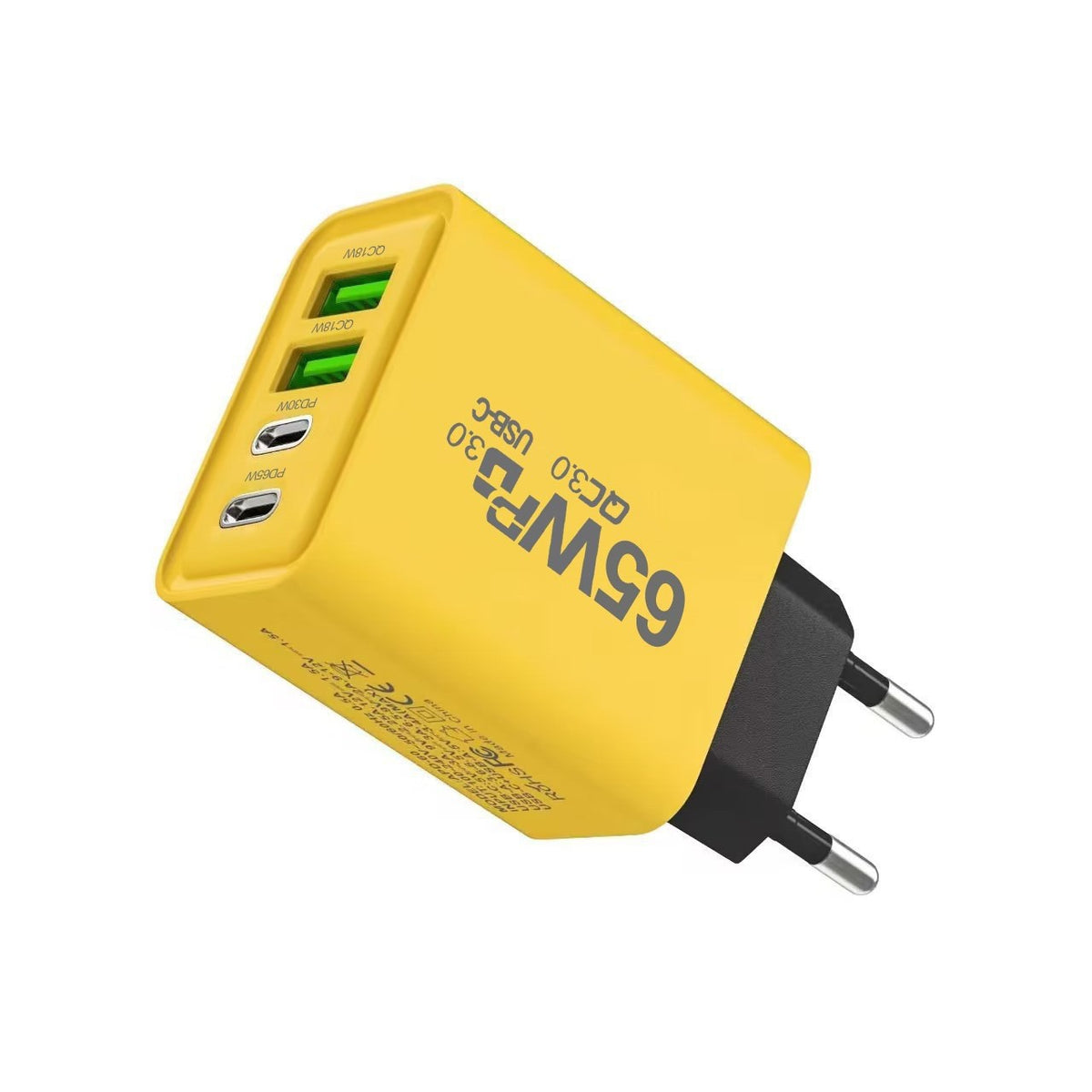 Incarcator Retea Fast Charge 65W, Alimentator Quick Charge 3.0 si Power Delivery, 4 Porturi USB-C si USB-A, Universal, Galben
