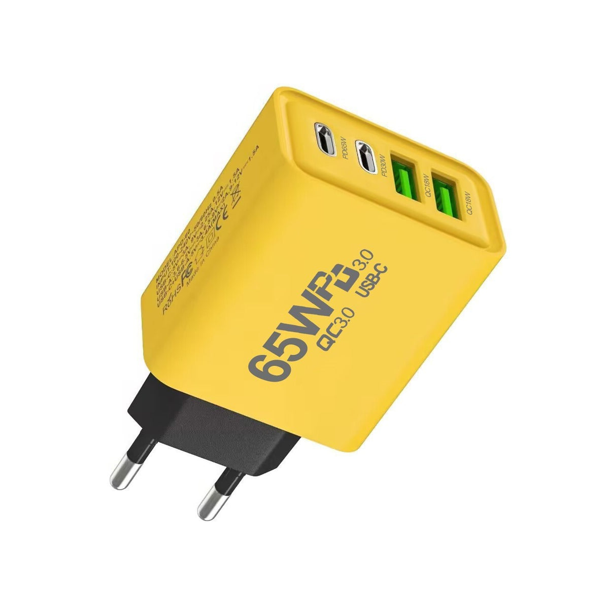 Incarcator Retea Fast Charge 65W, Alimentator Quick Charge 3.0 si Power Delivery, 4 Porturi USB-C si USB-A, Universal, Galben
