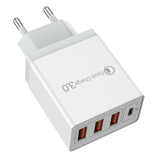 Incarcator Retea Fast Charge 32W, Incarcator Telefon cu 4 Porturi 3x USB-A si 1x USB-C, Quick Charge 3.0, Power Delivery, Priza Standard European, Alb
