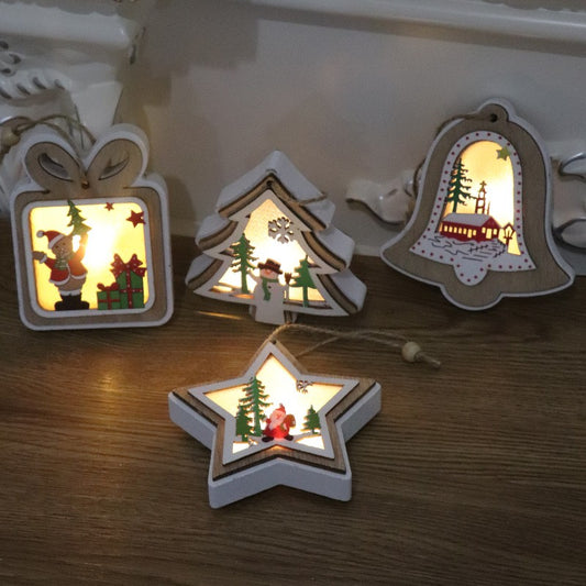 Ornament de Brad cu Lumini LED, Model Stea, Decoratiune de Craciun din Lemn, Baterii Incluse, Multicolor, 10 x 10 x 2.5 cm