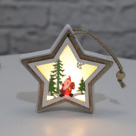 Ornament de Brad cu Lumini LED, Model Stea, Decoratiune de Craciun din Lemn, Baterii Incluse, Multicolor, 10 x 10 x 2.5 cm