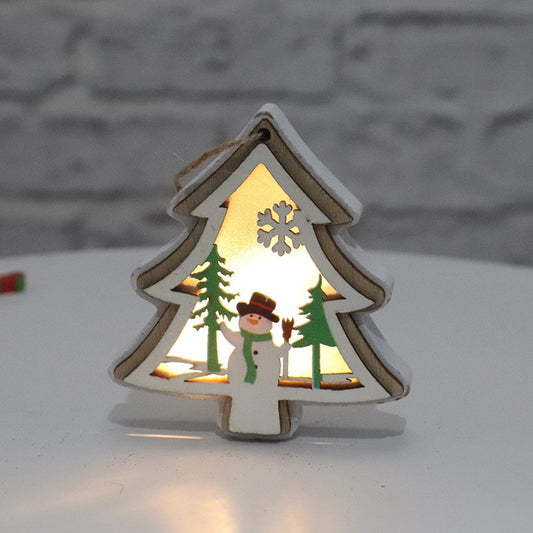 Ornament De Brad Cu Lumini LED, Decoratiune Craciun Cu Design Festiv, Lemn Natural, Multicolor, Baterii Incluse, 10 x 9.5 x 2.5 cm