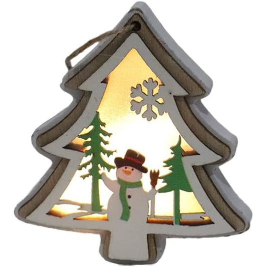 Ornament De Brad Cu Lumini LED, Decoratiune Craciun Cu Design Festiv, Lemn Natural, Multicolor, Baterii Incluse, 10 x 9.5 x 2.5 cm