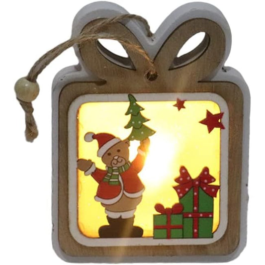 Ornament de Brad cu Lumini LED, Decoratiune Craciun din Lemn, Model Cadou, Baterii Incluse, Multicolor, 10.5 x 8 x 2.5 cm