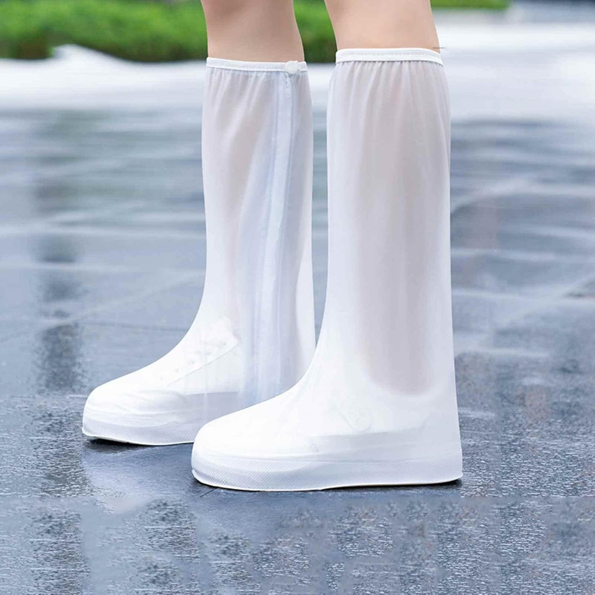 Huse Protecție Încălțăminte Impermeabile, Protecții Ploaie și Noroi, Talpă Antiderapantă, Fermoar și Capsă, Material PVC, Înălțime 40 cm, Mărime XL 40-41, Alb