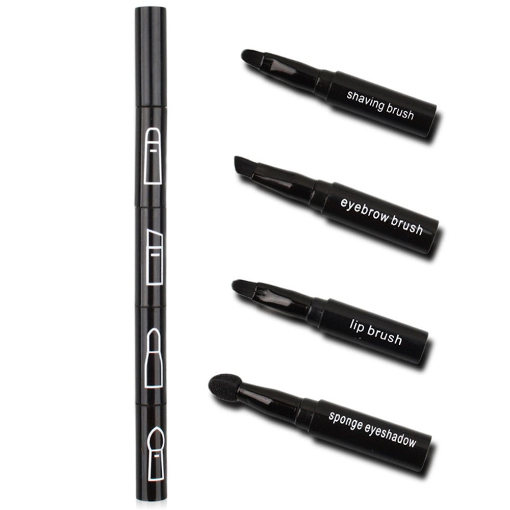 Set Pensule Machiaj 4in1, Design Portabil cu Capete Interschimbabile pentru Ochi, Sprancene si Buze, Maner Plastic, 16 cm, Negru