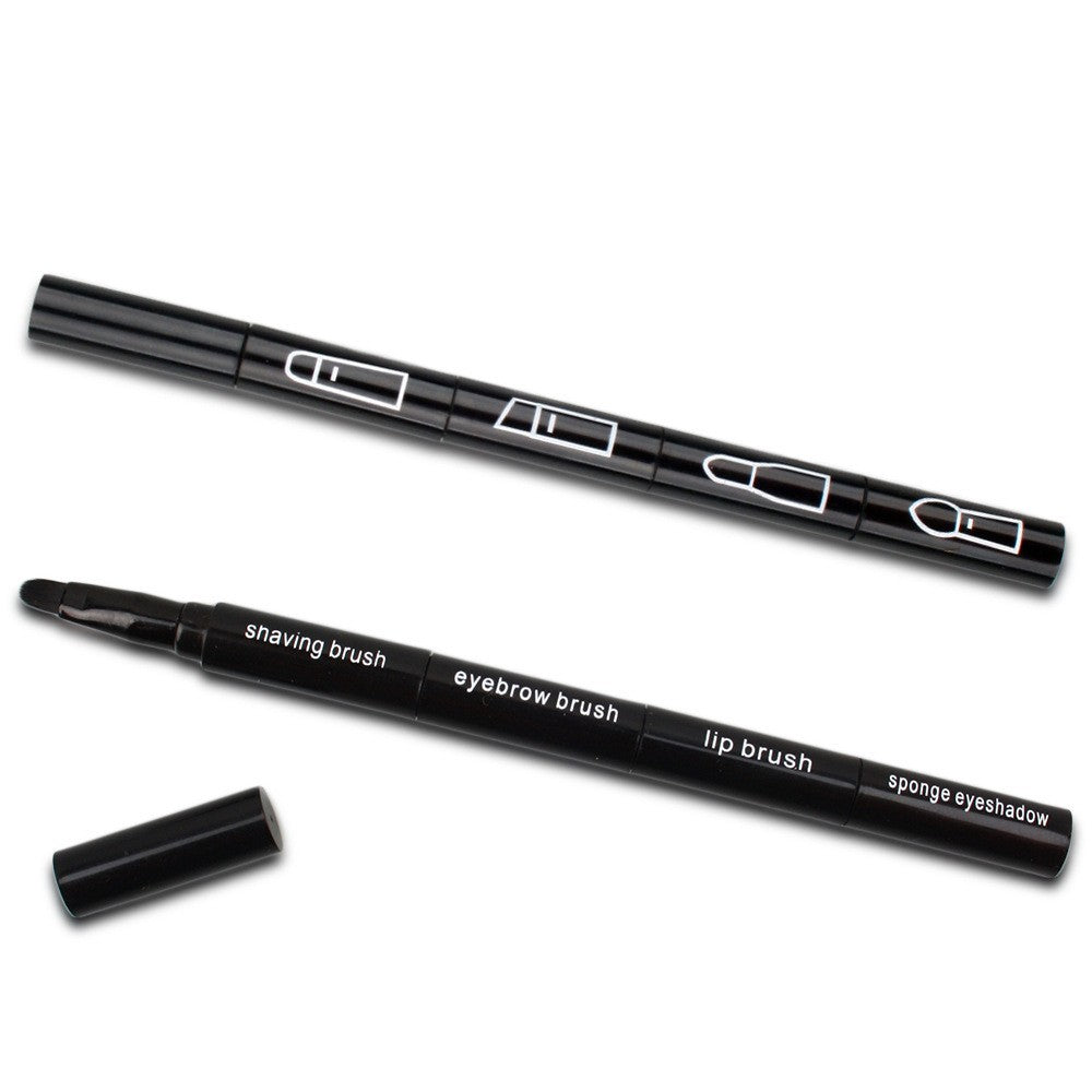 Set Pensule Machiaj 4in1, Design Portabil cu Capete Interschimbabile pentru Ochi, Sprancene si Buze, Maner Plastic, 16 cm, Negru