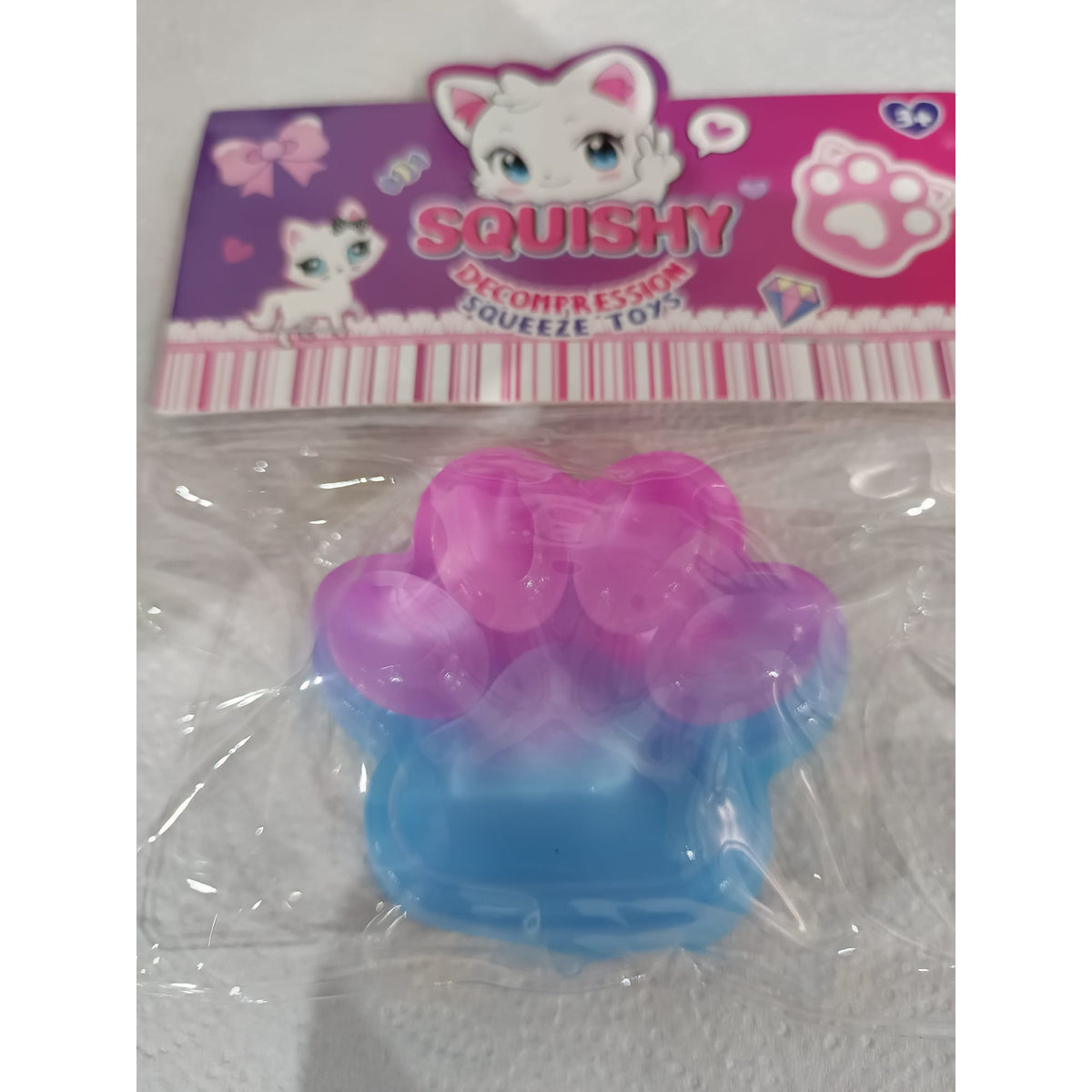 Jucarie Antistres Squishy, Labuta de Pisica Pufoasa cu Revenire Lenta, Material TPR Moale, 7.5 cm, Model 270512, Albastru/Roz