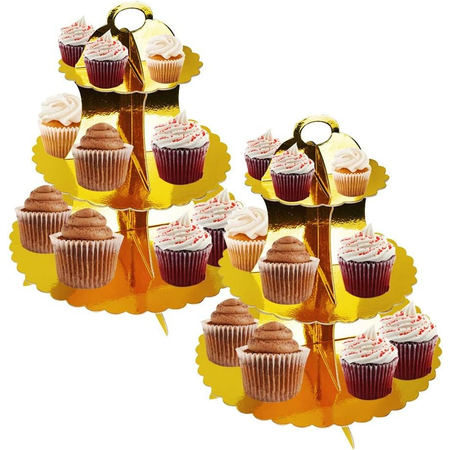 Etajera Suport pentru Prajituri si Cupcakes, Design Elegant cu 3 Nivele, Carton Rezistent, Inaltime 38 cm, Diametre 16/22/29 cm, Auriu