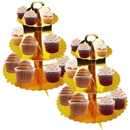 Etajera Suport pentru Prajituri si Cupcakes, Design Elegant cu 3 Nivele, Carton Rezistent, Inaltime 38 cm, Diametre 16/22/29 cm, Auriu