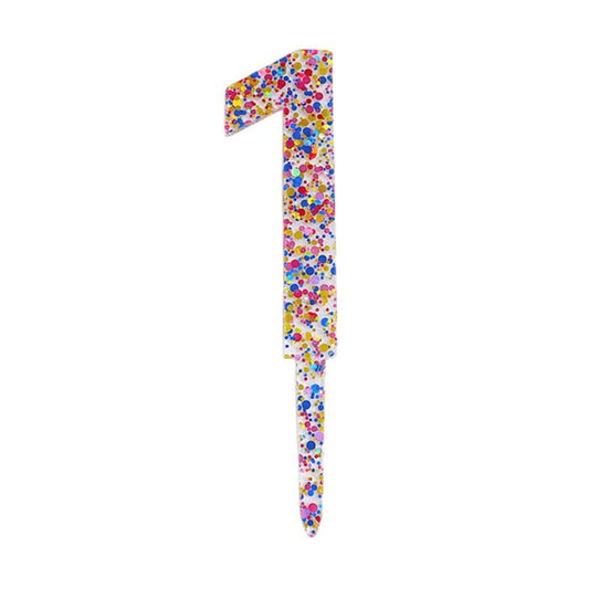 Topper Decorativ pentru Tort, Cifra 1 cu Fulgi de Sclipici Multicolori, Acrilic Transparent, Inaltime 18.5 cm