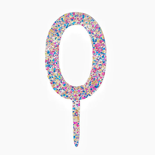 Topper Decorativ pentru Tort, Cifra 0 cu Fulgi de Sclipici Multicolori, Acrilic Transparent, Inaltime 18.5 cm