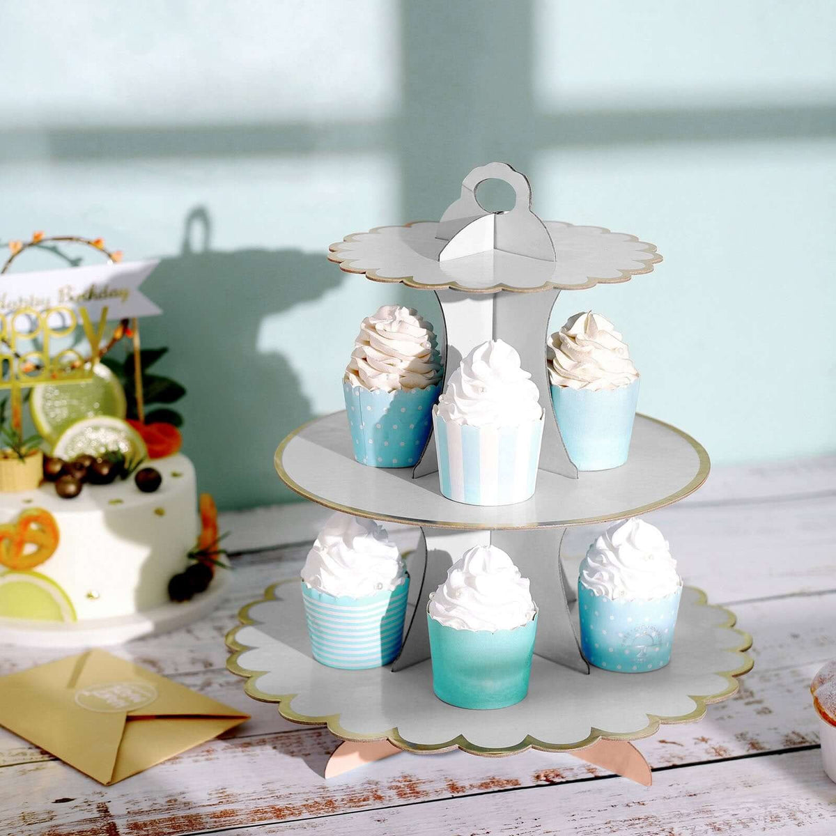 Etajera Suport pentru Prajituri si Cupcakes, Design Elegant cu 3 Nivele, Carton Rezistent, Inaltime 38 cm, Diametre 16/22/29 cm, Alb