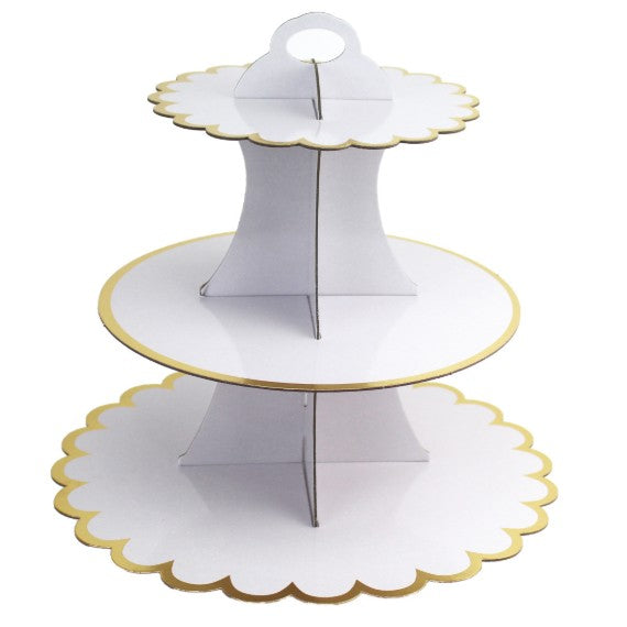 Etajera Suport pentru Prajituri si Cupcakes, Design Elegant cu 3 Nivele, Carton Rezistent, Inaltime 38 cm, Diametre 16/22/29 cm, Alb