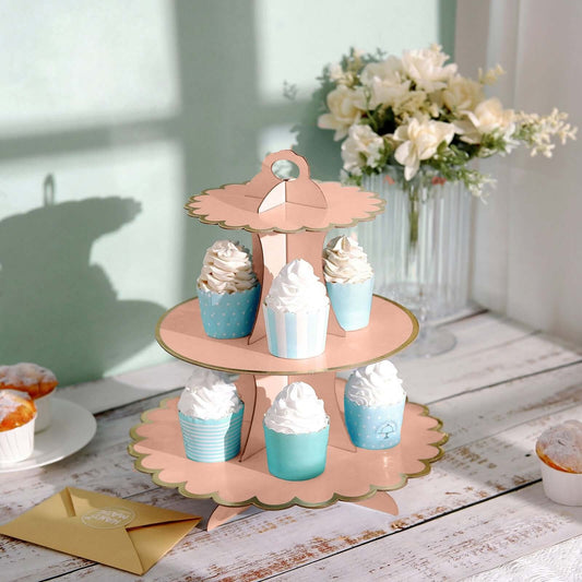 Etajera pentru Prajituri si Cupcakes, Suport Deserturi cu 3 Nivele, Carton Rezistent, Inaltime 38 cm, Diametru 16/22/29 cm, Roz