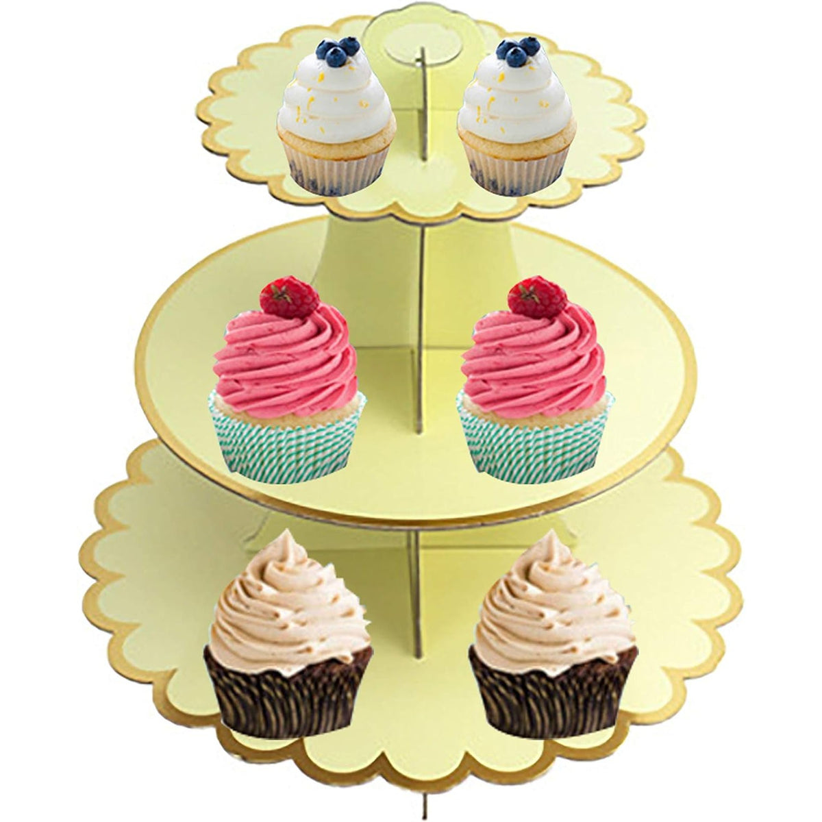 Etajera Pentru Prajituri Si Cupcakes, Suport Deserturi 3 Nivele, Carton Rezistent, Diametru 16/22/29 cm, Inaltime 38 cm, Galben