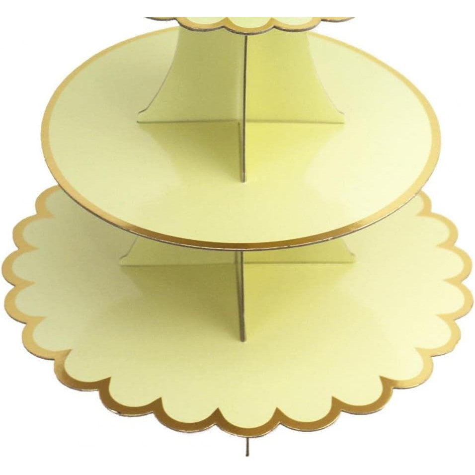 Etajera Pentru Prajituri Si Cupcakes, Suport Deserturi 3 Nivele, Carton Rezistent, Diametru 16/22/29 cm, Inaltime 38 cm, Galben