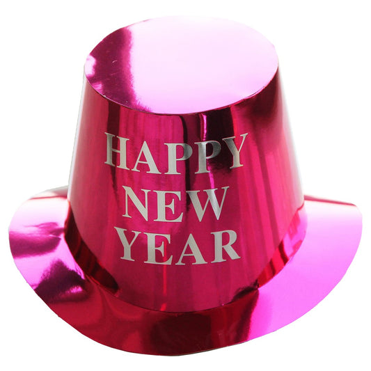 Palarie Festiva Happy New Year pentru Revelion, Accesoriu Petrecere cu Inscriptie Stralucitoare, Hartie Lucioasa, 29 x 25 x 15.5 cm, Roz Sclipitor