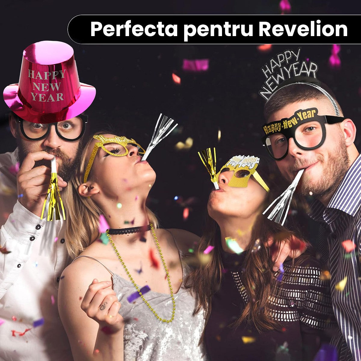 Palarie Festiva Happy New Year pentru Revelion, Accesoriu Petrecere cu Inscriptie Stralucitoare, Hartie Lucioasa, 29 x 25 x 15.5 cm, Roz Sclipitor