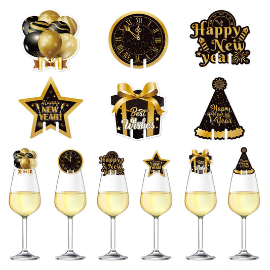 Set 6 Decoratiuni pentru Pahare de Cocktail, Tematica Happy New Year, Accesorii Festive pentru Petrecere de Revelion, Hartie, Multicolor, 6 Bucati