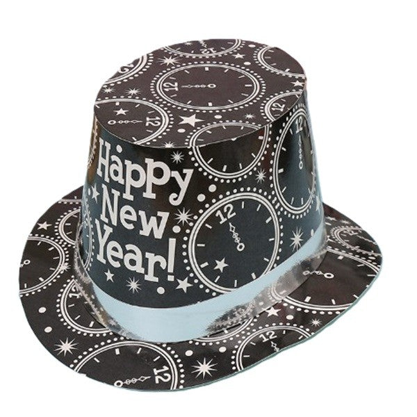 Pălarie Tip Lincoln Happy New Year, Accesoriu Petrecere Revelion cu Imprimeu Ceasuri, Carton Rezistent, Mărime Universală, Negru/Argintiu, 29.5 x 25 x 14 cm