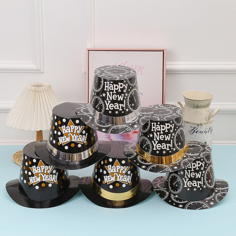 Pălarie Tip Lincoln Happy New Year, Accesoriu Petrecere Revelion cu Imprimeu Ceasuri, Carton Rezistent, Mărime Universală, Negru/Argintiu, 29.5 x 25 x 14 cm