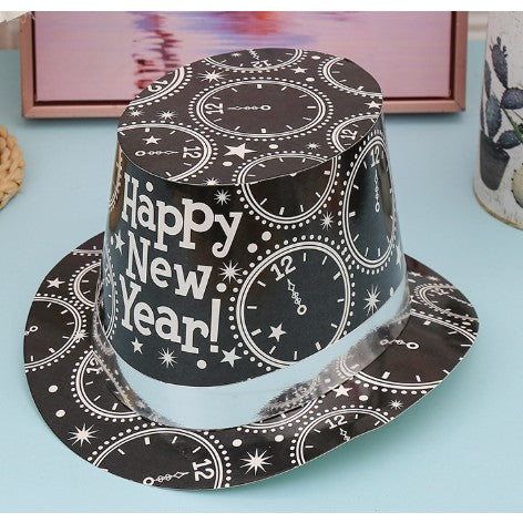 Pălarie Tip Lincoln Happy New Year, Accesoriu Petrecere Revelion cu Imprimeu Ceasuri, Carton Rezistent, Mărime Universală, Negru/Argintiu, 29.5 x 25 x 14 cm