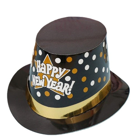 Palarie Tip Lincoln Happy New Year, Accesoriu Petrecere Revelion si Anul Nou cu Buline, Carton Rezistent, Marime Universala, 29.5 x 25 x 14 cm, Negru/Auriu