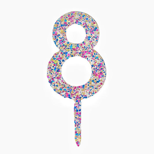 Topper Decorativ pentru Tort, Cifra 8 cu Fulgi de Sclipici Multicolori, Acrilic Transparent, Inaltime 18.5 cm