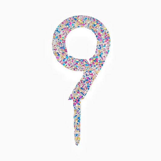 Topper Tort Cifra 9, Decoratiune Aniversara cu Sclipici, Acrilic Transparent, 18.5 cm, Multicolor