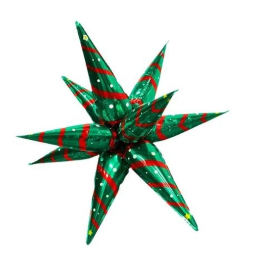 Balon Decorativ Stea 3D Starburst, Tema Craciun cu 12 Varfuri, Folie Aluminiu, 65 x 23 cm, Rosu/Verde