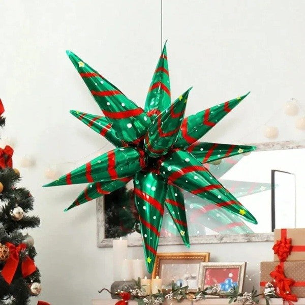 Balon Decorativ Stea 3D Starburst, Tema Craciun cu 12 Varfuri, Folie Aluminiu, 65 x 23 cm, Rosu/Verde