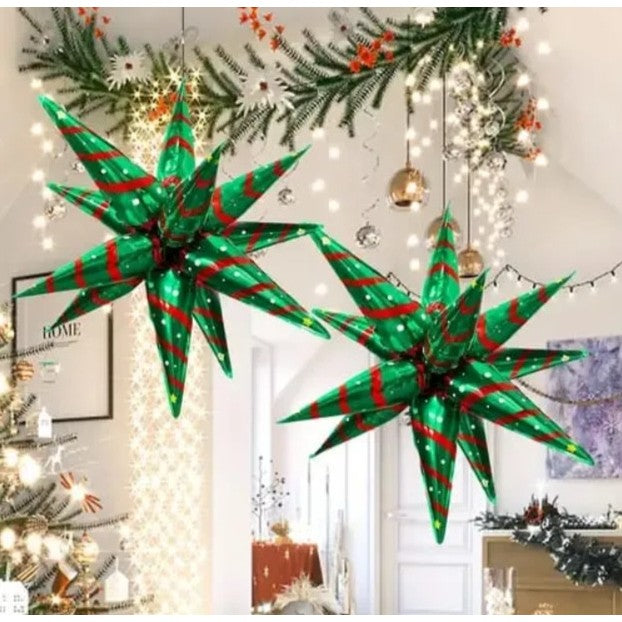 Balon Decorativ Stea 3D Starburst, Tema Craciun cu 12 Varfuri, Folie Aluminiu, 65 x 23 cm, Rosu/Verde