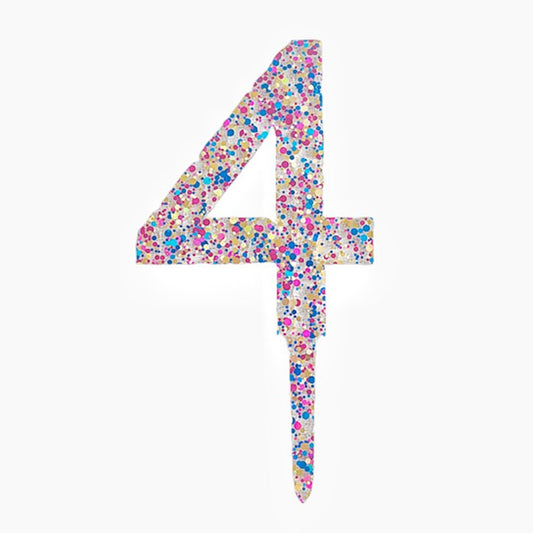 Topper Decorativ Pentru Tort, Cifra 4 Aniversara, Acrilic Transparent cu Fulgi Sclipici, 18.5 cm, Multicolor