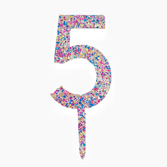 Topper Decorativ pentru Tort, Cifra 5 cu Sclipici Multicolori, Acrilic Transparent, Inaltime 18.5 cm