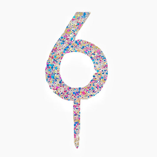 Topper Tort Decorativ, Cifra 6 pentru Aniversare, Acrilic Transparent cu Fulgi de Sclipici Multicolori, Inaltime 18.5 cm