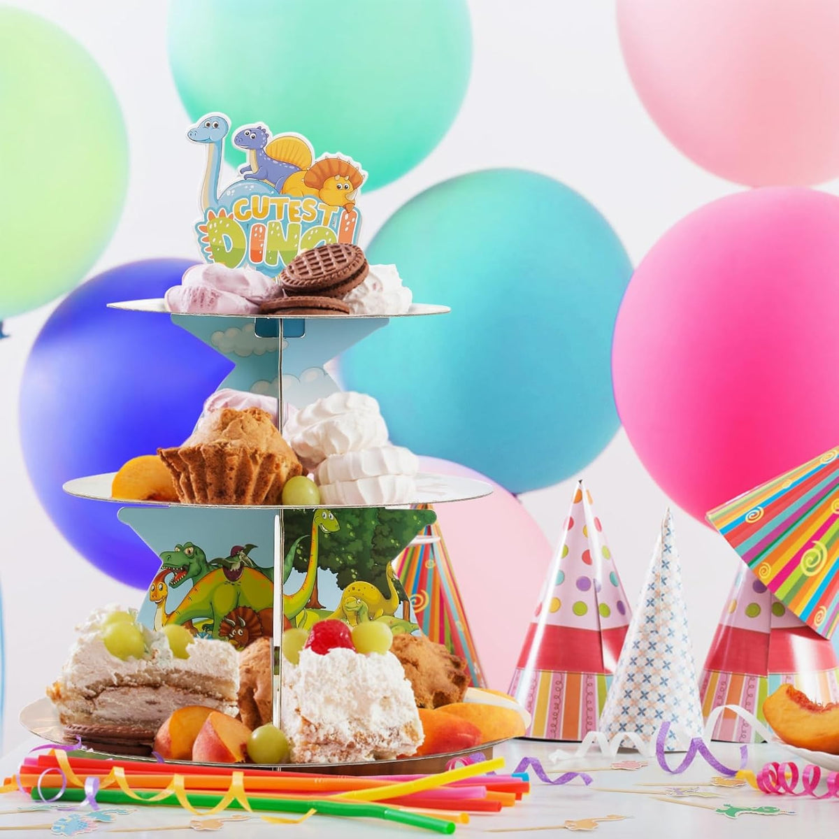 Etajera pentru Prajituri si Cupcakes, Suport 3 Nivele Deserturi, Tema Dinozauri, Carton Rezistent, Inaltime 38 cm, Diametre 16/22/29 cm, Multicolor
