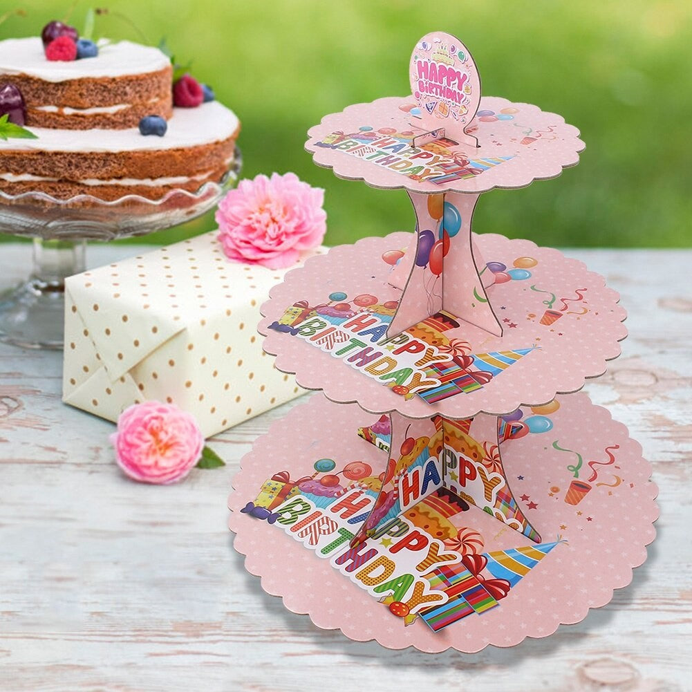 Etajera pentru Prajituri si Cupcakes, Suport Deserturi 3 Nivele, Tema Happy Birthday, Carton Rezistent, 16/22/29 cm, Roz, Inaltime 38 cm