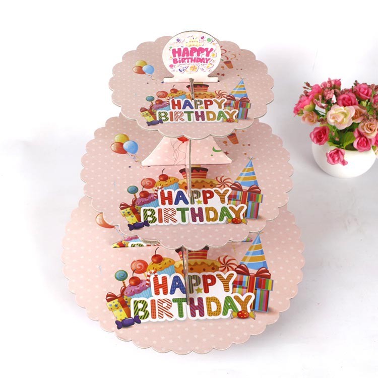 Etajera pentru Prajituri si Cupcakes, Suport Deserturi 3 Nivele, Tema Happy Birthday, Carton Rezistent, 16/22/29 cm, Roz, Inaltime 38 cm