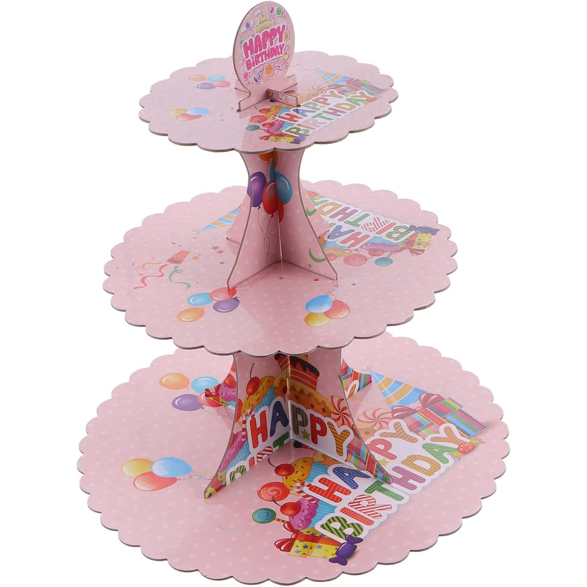 Etajera pentru Prajituri si Cupcakes, Suport Deserturi 3 Nivele, Tema Happy Birthday, Carton Rezistent, 16/22/29 cm, Roz, Inaltime 38 cm
