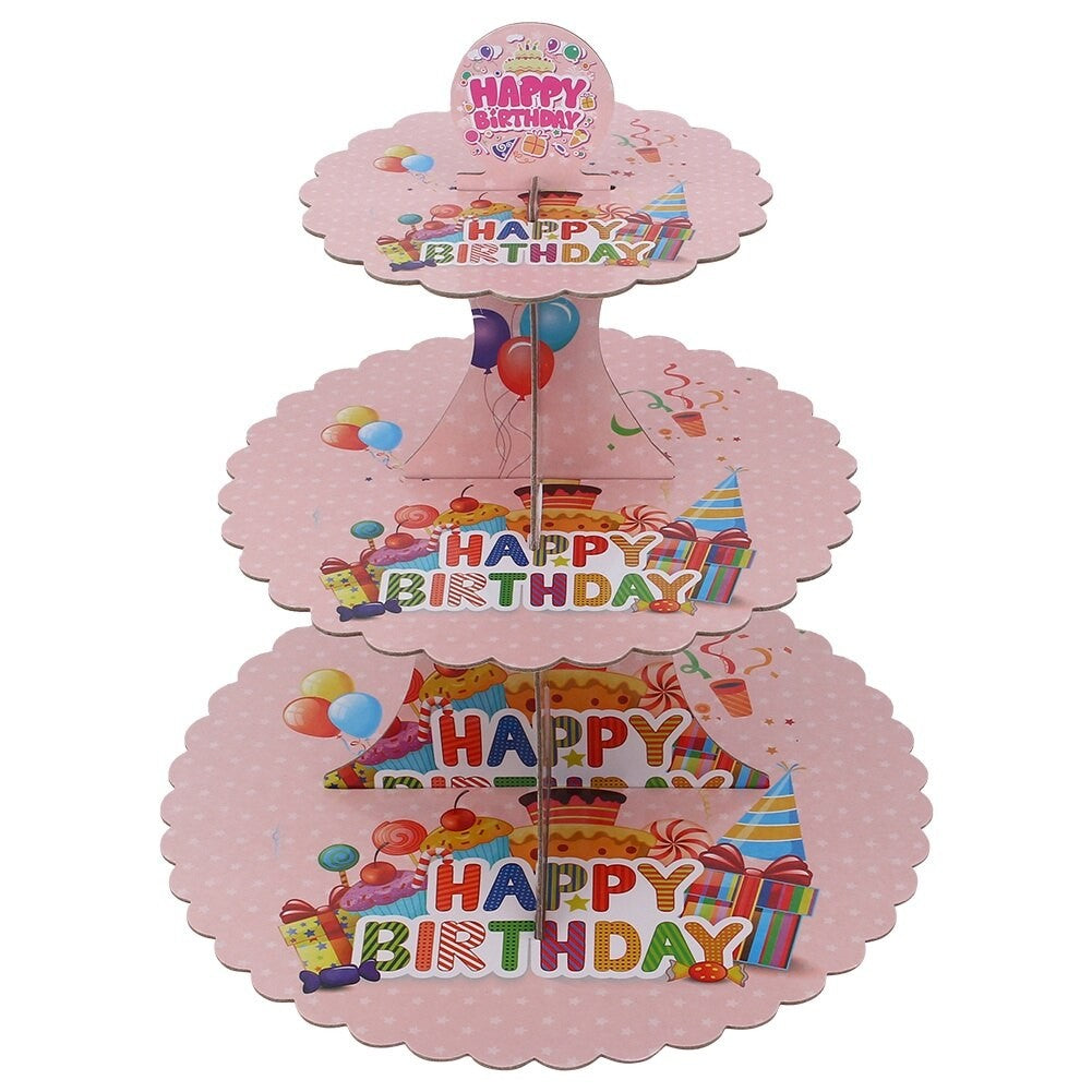 Etajera pentru Prajituri si Cupcakes, Suport Deserturi 3 Nivele, Tema Happy Birthday, Carton Rezistent, 16/22/29 cm, Roz, Inaltime 38 cm