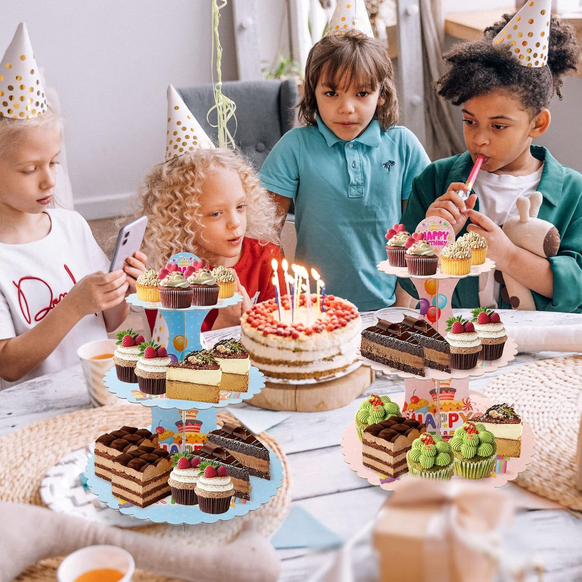 Etajera pentru Prajituri si Cupcakes, Suport Deserturi 3 Nivele, Tema Happy Birthday, Carton Rezistent, 16/22/29 cm, Roz, Inaltime 38 cm