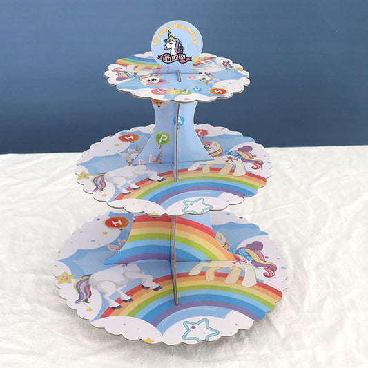 Etajera Suport pentru Prajituri si Cupcakes, Tema Unicorni, Design Aniversar Copii, Carton Rezistent, 3 Nivele, Inaltime 38 cm, Diametru 16/22/29 cm, Multicolor