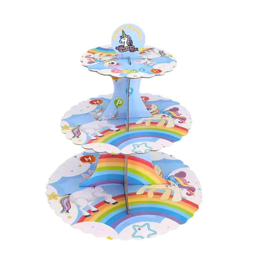 Etajera Suport pentru Prajituri si Cupcakes, Tema Unicorni, Design Aniversar Copii, Carton Rezistent, 3 Nivele, Inaltime 38 cm, Diametru 16/22/29 cm, Multicolor