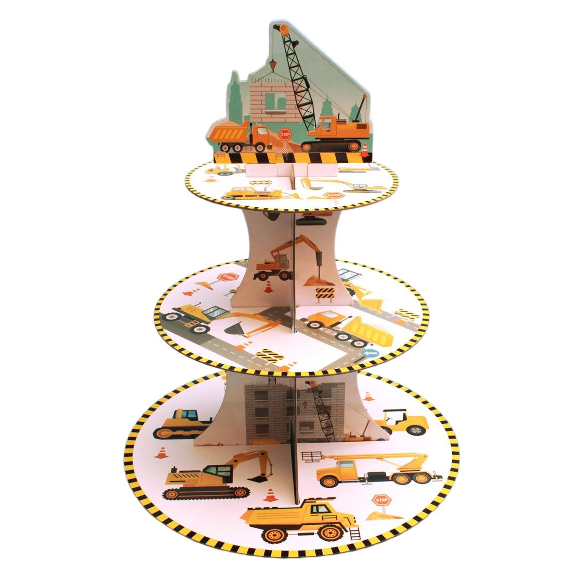 Etajera pentru Prajituri si Cupcakes, Suport Deserturi Tema Utilaje de Santier, Carton Rezistent, 3 Nivele, Diametru 16/22/29 cm, Inaltime 38 cm, Multicolor