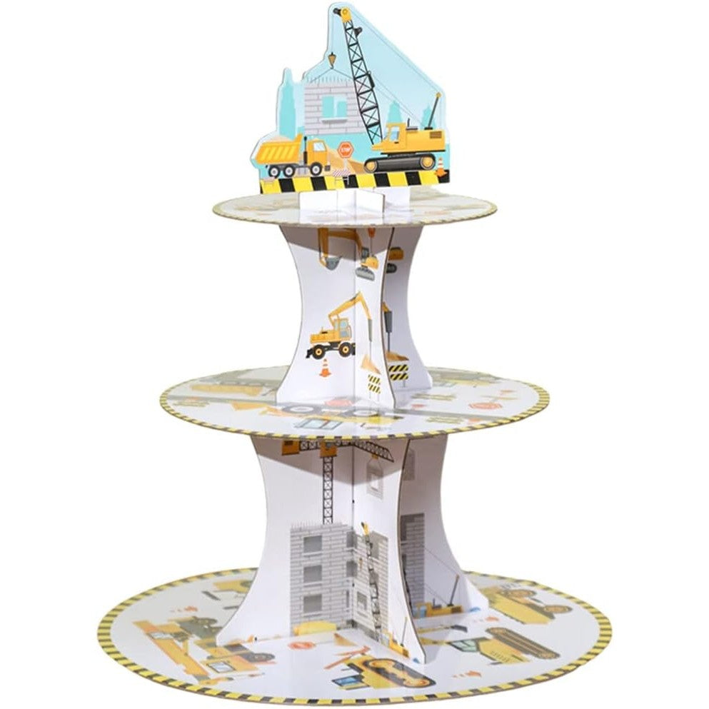 Etajera pentru Prajituri si Cupcakes, Suport Deserturi Tema Utilaje de Santier, Carton Rezistent, 3 Nivele, Diametru 16/22/29 cm, Inaltime 38 cm, Multicolor