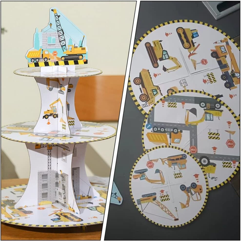 Etajera pentru Prajituri si Cupcakes, Suport Deserturi Tema Utilaje de Santier, Carton Rezistent, 3 Nivele, Diametru 16/22/29 cm, Inaltime 38 cm, Multicolor